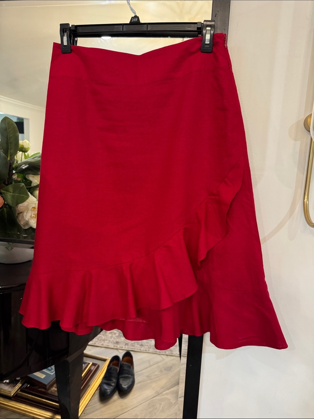 Hillard & Hanson Vibrant Red Asymmetrical Ruffle Skirt